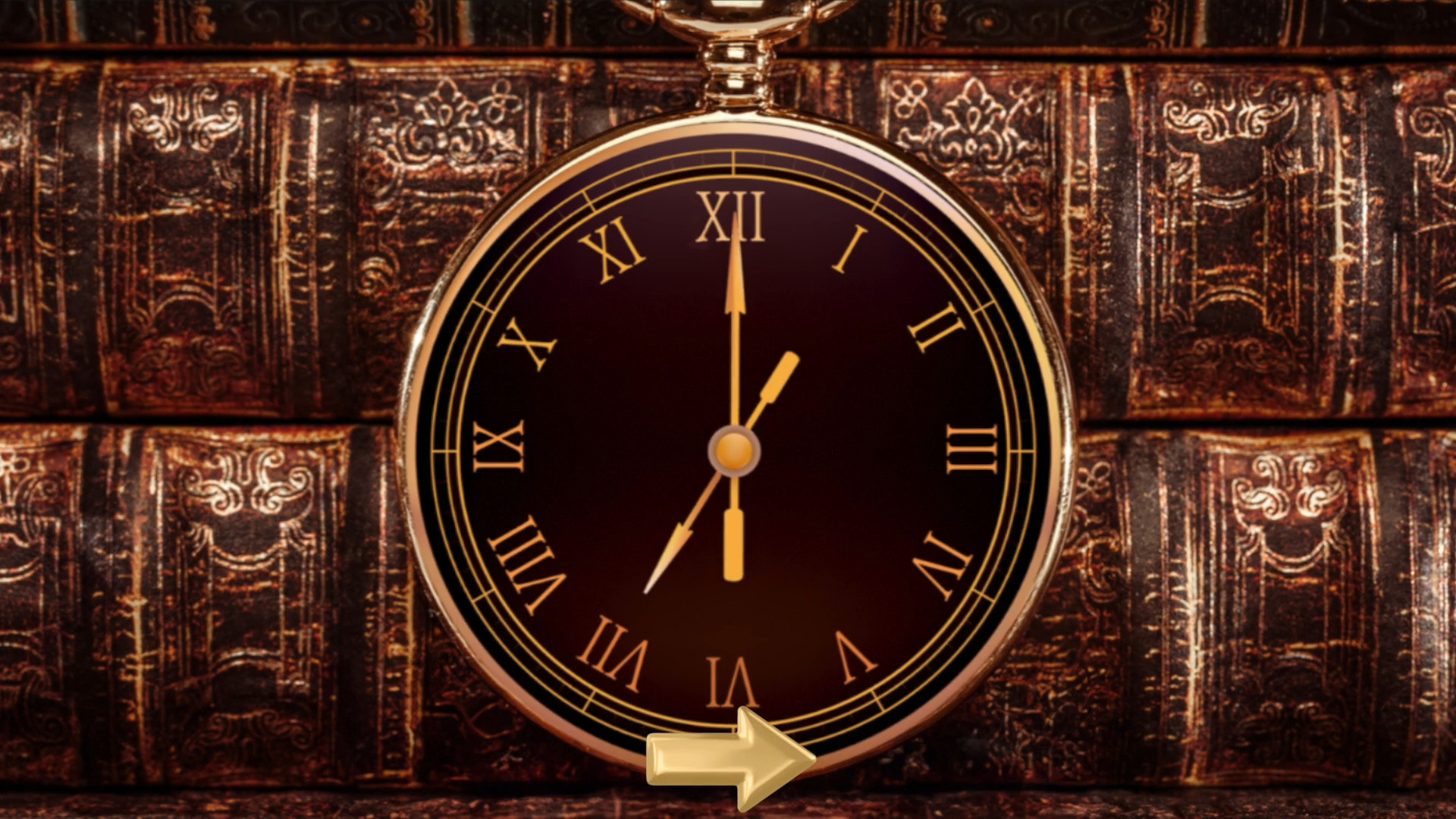 A gilded pocket watch against a wall of antique books